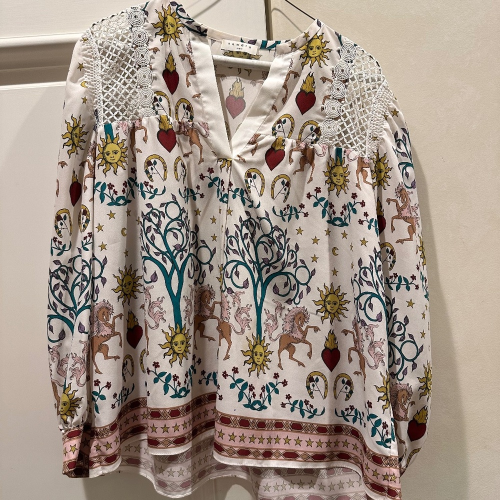 White and colors long sleeve spring summer top, Sandro, fits Small - Medium